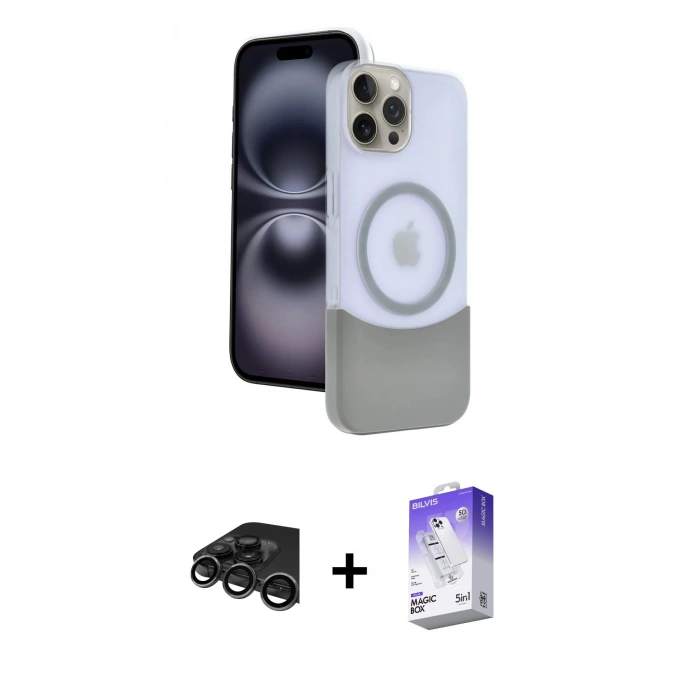 MARSİLYAN™- iPhone 15 Pro Max Kılıf Kozmos Form Özel Seri - Siyah Bilvis 5in1 3D Magic Cam Ekran Koruyucu + Titanyum Gri Raze Metal Kamera Lens