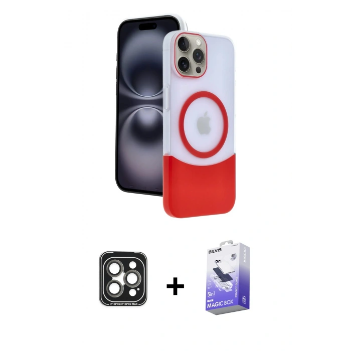 MARSİLYAN™- iPhone 15 Pro Max Kılıf Kozmos Form Özel Seri - Siyah Bilvis 5in1 5D Magic Hayalet Cam Ekran Koruyucu + PVD Metal Kamera Lens - GI