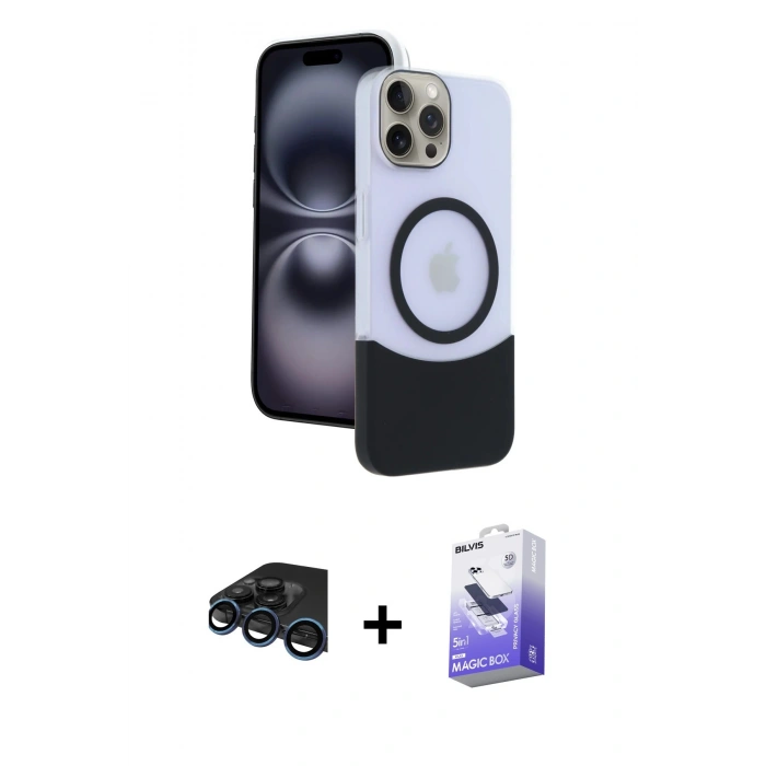 MARSİLYAN™- iPhone 15 Pro Max Kılıf Kozmos Form Özel Seri - Siyah Bilvis 5in1 5D Magic Hayalet Cam Ekran Koruyucu + Raze Metal Kamera Lens - LT