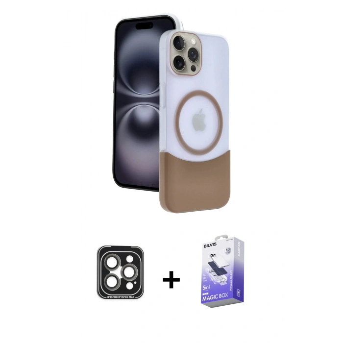 MARSİLYAN™- iPhone 15 Pro Max Kılıf Kozmos Form Özel Seri - Siyah Bilvis 5in1 5D Magic Hayalet Cam Ekran Koruyucu + PVD Metal Kamera Lens - GI