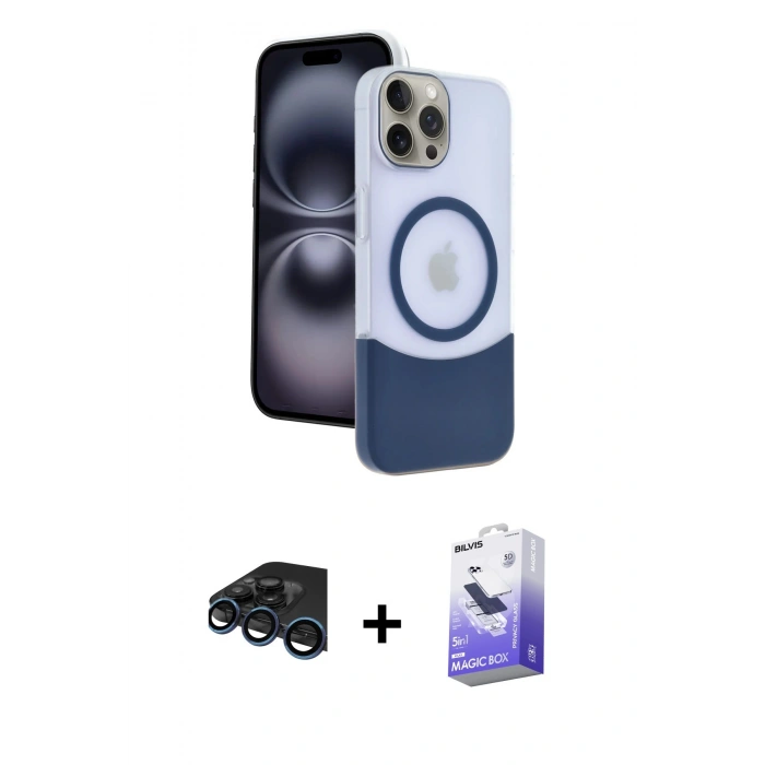 MARSİLYAN™- iPhone 15 Pro Max Kılıf Kozmos Form Özel Seri - Siyah Bilvis 5in1 5D Magic Hayalet Cam Ekran Koruyucu + Raze Metal Kamera Lens - LT