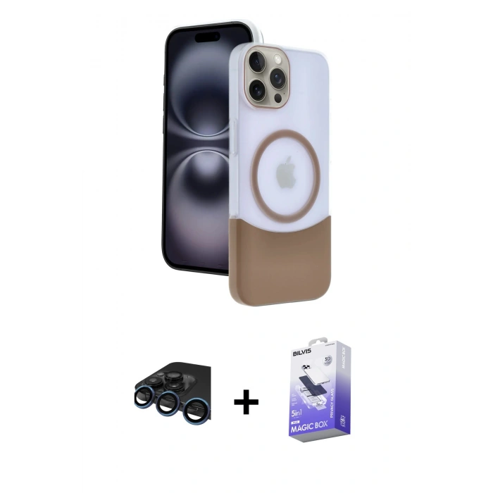 MARSİLYAN™- iPhone 15 Pro Max Kılıf Kozmos Form Özel Seri - Siyah Bilvis 5in1 5D Magic Hayalet Cam Ekran Koruyucu + Raze Metal Kamera Lens - LT