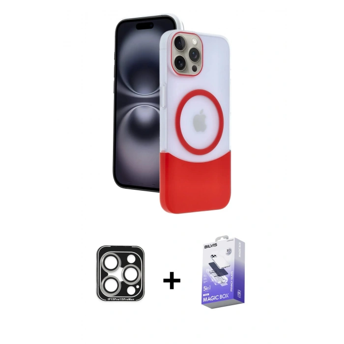 MARSİLYAN™- iPhone 15 Pro Max Kılıf Kozmos Form Özel Seri - Siyah Bilvis 5in1 5D Magic Hayalet Cam Ekran Koruyucu + PVD Metal Kamera Lens - GS