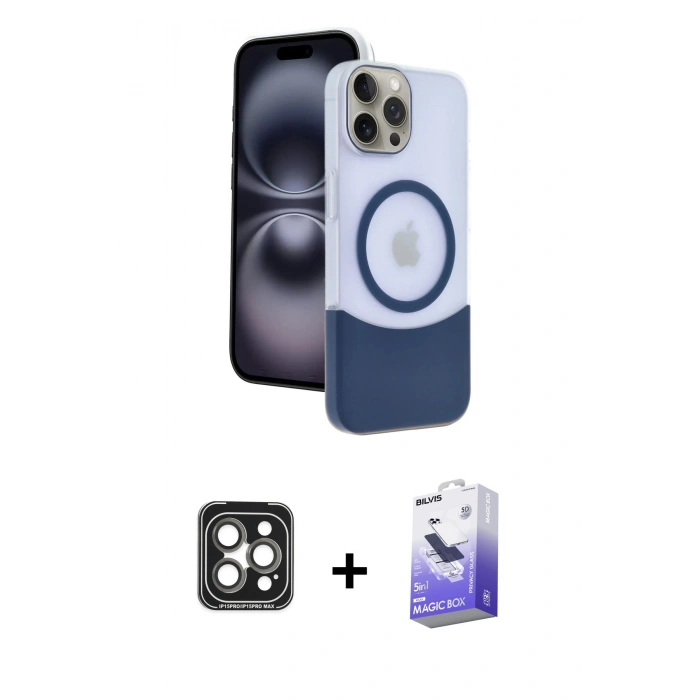 MARSİLYAN™- iPhone 15 Pro Max Kılıf Kozmos Form Özel Seri - Siyah Bilvis 5in1 5D Magic Hayalet Cam Ekran Koruyucu + PVD Metal Kamera Lens - GI