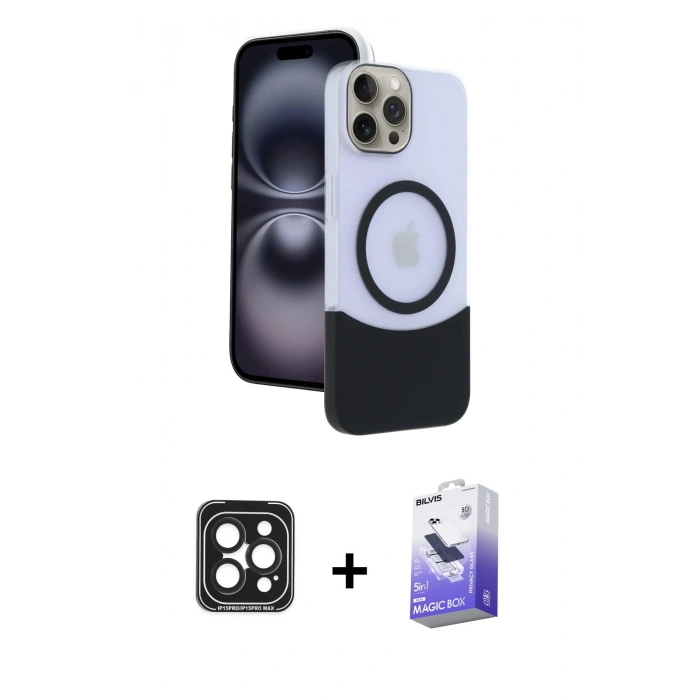 MARSİLYAN™- iPhone 15 Pro Max Kılıf Kozmos Form Özel Seri - Siyah Bilvis 5in1 5D Magic Hayalet Cam Ekran Koruyucu + PVD Metal Kamera Lens - SH