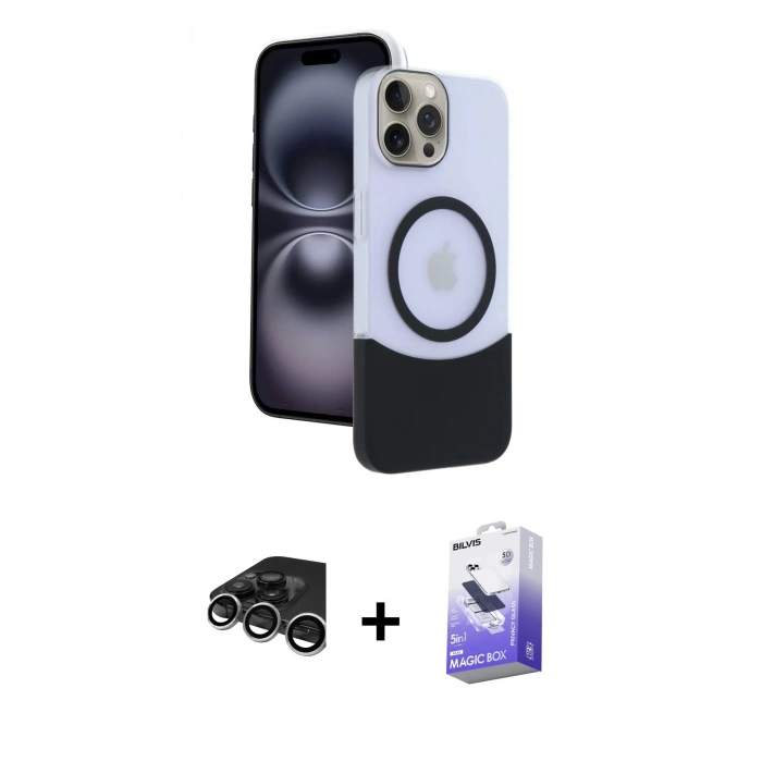 MARSİLYAN™- iPhone 15 Pro Max Kılıf Kozmos Form Özel Seri - Siyah Bilvis 5in1 5D Magic Hayalet Cam Ekran Koruyucu + Raze Metal Kamera Lens - GS