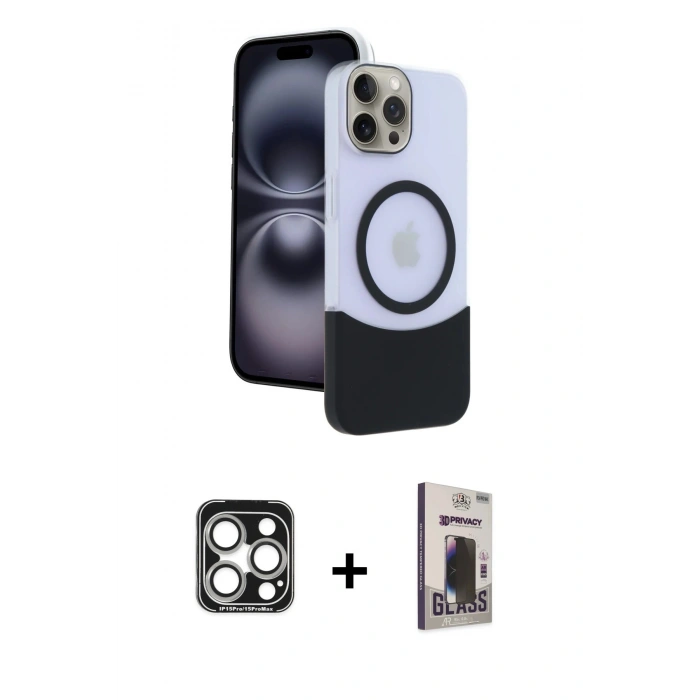 MARSİLYAN™- iPhone 15 Pro Max Kılıf Kozmos Form Özel Seri - Siyah Bilvis Hayalet Cam Ekran Koruyucu + PVD Metal Kamera Lens - GS