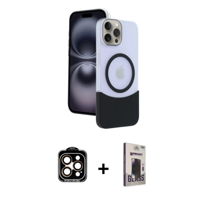 MARSİLYAN™- iPhone 15 Pro Max Kılıf Kozmos Form Özel Seri - Siyah Bilvis Hayalet Cam Ekran Koruyucu + PVD Metal Kamera Lens - TU