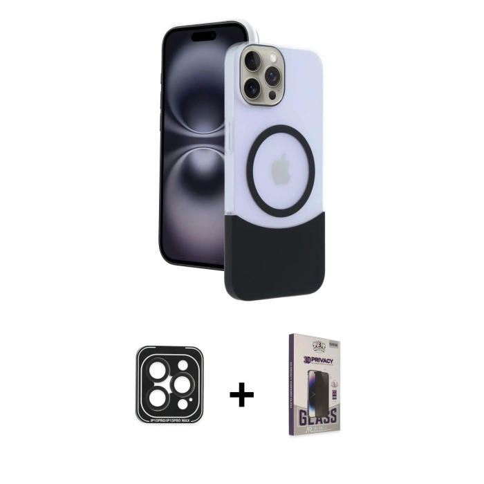 MARSİLYAN™- iPhone 15 Pro Max Kılıf Kozmos Form Özel Seri - Siyah Bilvis Hayalet Cam Ekran Koruyucu + PVD Metal Kamera Lens - SH