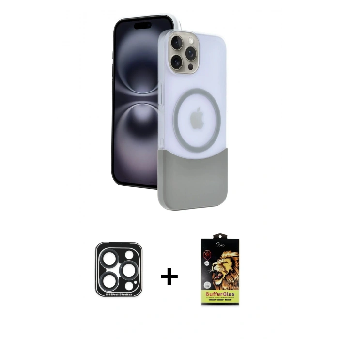 MARSİLYAN™- iPhone 15 Pro Max Kılıf Kozmos Form Özel Seri - Siyah Buffer Cam Ekran Koruyucu + Lacivert PVD Metal Kamera Lens