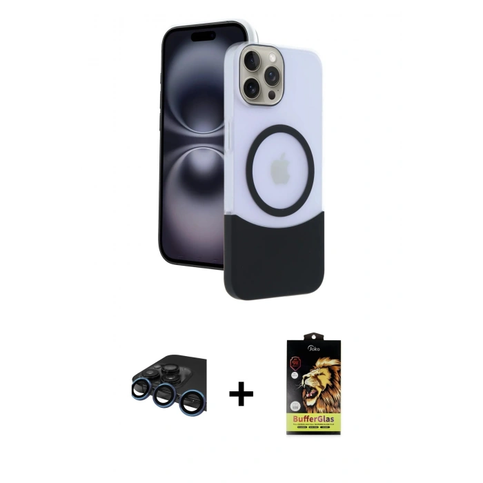 MARSİLYAN™- iPhone 15 Pro Max Kılıf Kozmos Form Özel Seri - Siyah Buffer Cam Ekran Koruyucu + Lacivert Raze Metal Kamera Lens