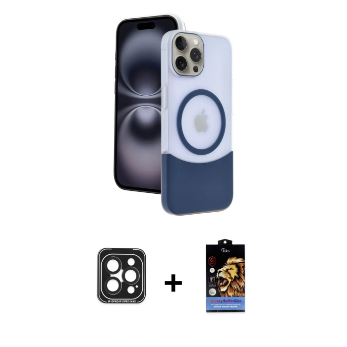 MARSİLYAN™- iPhone 15 Pro Max Kılıf Kozmos Form Özel Seri - Siyah Buffer Hayalet Cam Ekran Koruyucu + PVD Metal Kamera Lens - SH