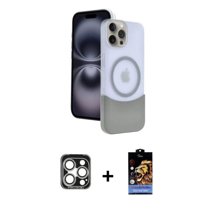 MARSİLYAN™- iPhone 15 Pro Max Kılıf Kozmos Form Özel Seri - Siyah Buffer Hayalet Cam Ekran Koruyucu + PVD Metal Kamera Lens - GS