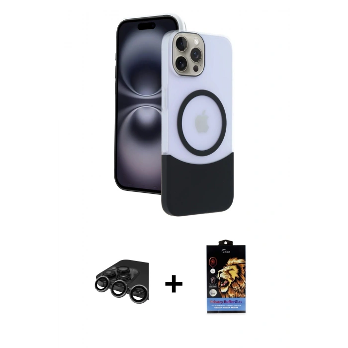 MARSİLYAN™- iPhone 15 Pro Max Kılıf Kozmos Form Özel Seri - Siyah Buffer Hayalet Cam Ekran Koruyucu + Raze Metal Kamera Lens - TMGI