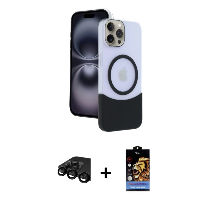 MARSİLYAN™- iPhone 15 Pro Max Kılıf Kozmos Form Özel Seri - Siyah Buffer Hayalet Cam Ekran Koruyucu + Raze Metal Kamera Lens - SH