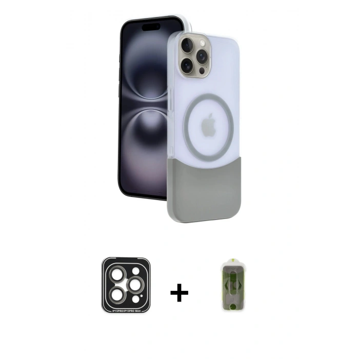 MARSİLYAN™- iPhone 15 Pro Max Kılıf Kozmos Form Özel Seri - Siyah Joko Magic 5D Hayalet Cam + Gri PVD Metal Kamera Lens