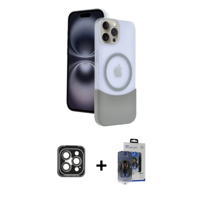 MARSİLYAN™- iPhone 15 Pro Max Kılıf Kozmos Form Özel Seri - Siyah Vanessa Magic Cam + Gri PVD Metal Kamera Lens