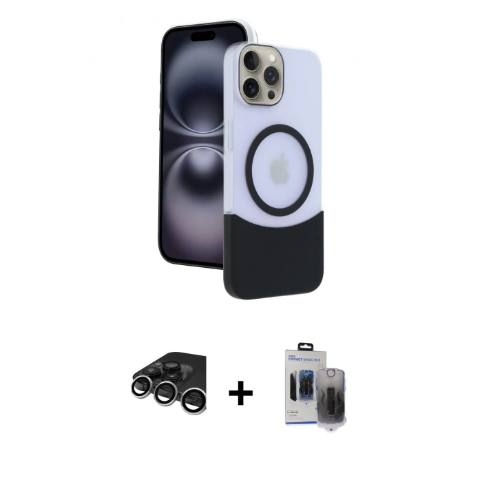 MARSİLYAN™- iPhone 15 Pro Max Kılıf Kozmos Form Özel Seri - Siyah Vanessa Magic Hayalet Cam + Gümüş Raze Metal Kamera Lens
