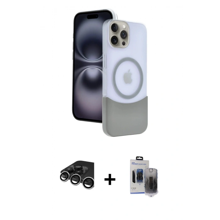 MARSİLYAN™- iPhone 15 Pro Max Kılıf Kozmos Form Özel Seri - Siyah Vanessa Magic Hayalet Cam + Gümüş Raze Metal Kamera Lens