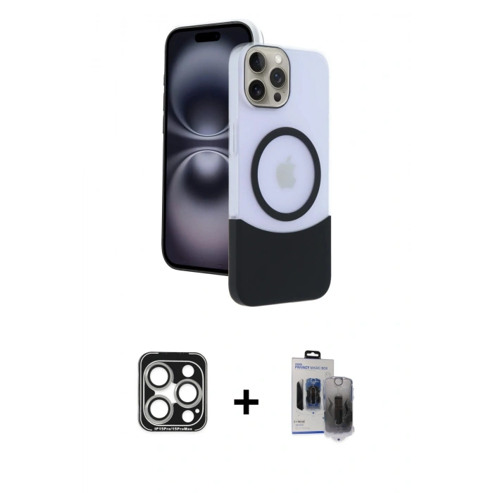 MARSİLYAN™- iPhone 15 Pro Max Kılıf Kozmos Form Özel Seri - Siyah Vanessa Magic Hayalet Cam + PVD Metal Kamera Lens - GS