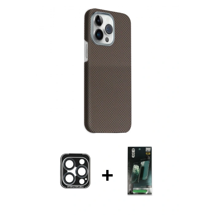 MARSİLYAN™- iPhone 15 Pro Max Kılıf Kozmos Klasik Prime - Şeffaf 360 Full Body Arka Koruyucu + PVD Metal Kamera Lens - LT