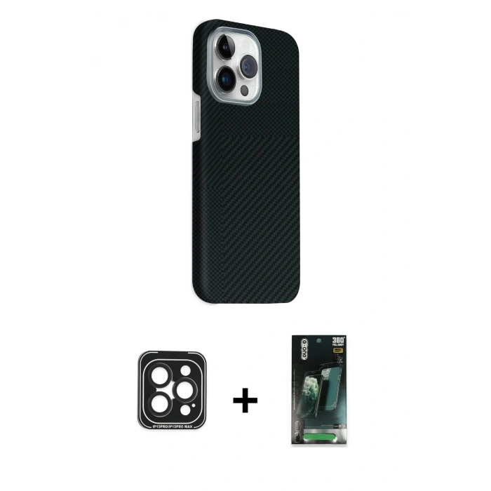 MARSİLYAN™- iPhone 15 Pro Max Kılıf Kozmos Klasik Prime - Şeffaf 360 Full Body Arka Koruyucu + Siyah PVD Metal Kamera Lens