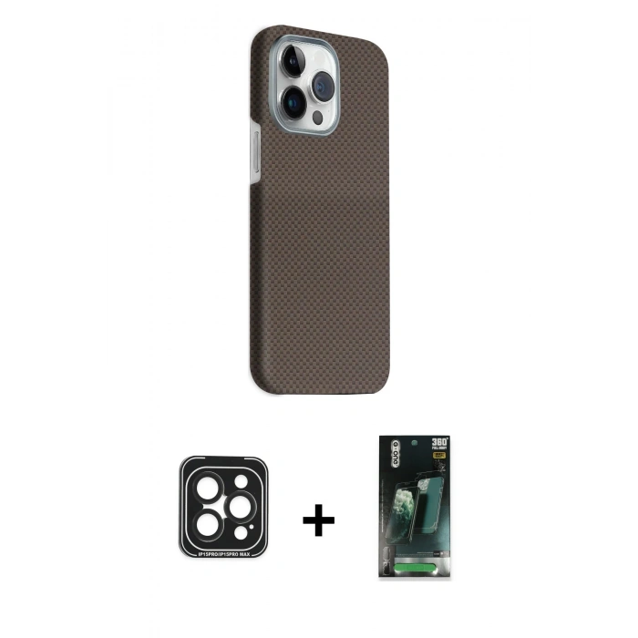 MARSİLYAN™- iPhone 15 Pro Max Kılıf Kozmos Klasik Prime - Şeffaf 360 Full Body Arka Koruyucu + Siyah PVD Metal Kamera Lens
