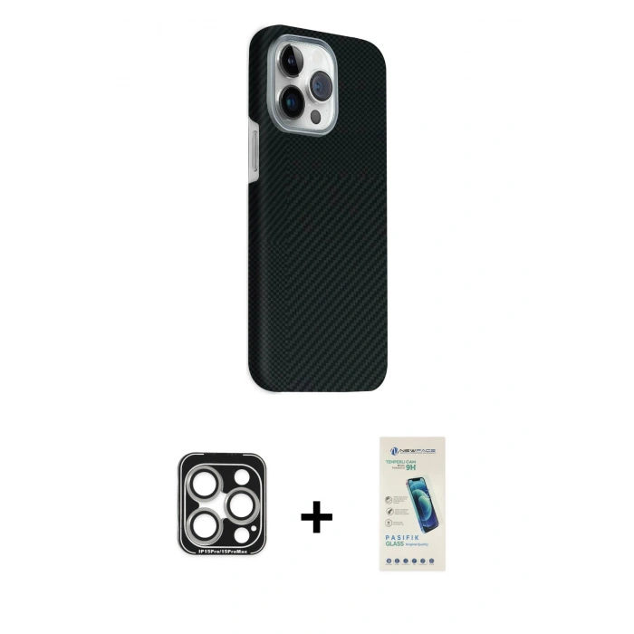 MARSİLYAN™- iPhone 15 Pro Max Kılıf Kozmos Klasik Prime - Şeffaf Pasifik Cam Ekran Koruyucu + Gümüş PVD Metal Kamera Lens