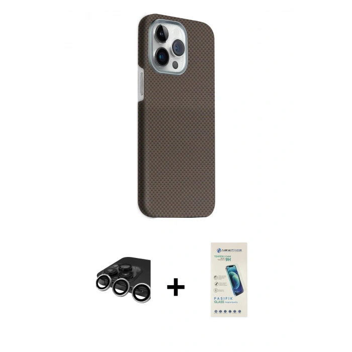 MARSİLYAN™- iPhone 15 Pro Max Kılıf Kozmos Klasik Prime - Şeffaf Pasifik Cam Ekran Koruyucu + Raze Metal Kamera Lens - GS