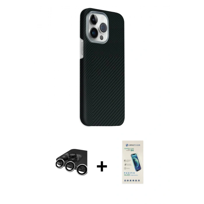 MARSİLYAN™- iPhone 15 Pro Max Kılıf Kozmos Klasik Prime - Şeffaf Pasifik Cam Ekran Koruyucu + Raze Metal Kamera Lens - GS