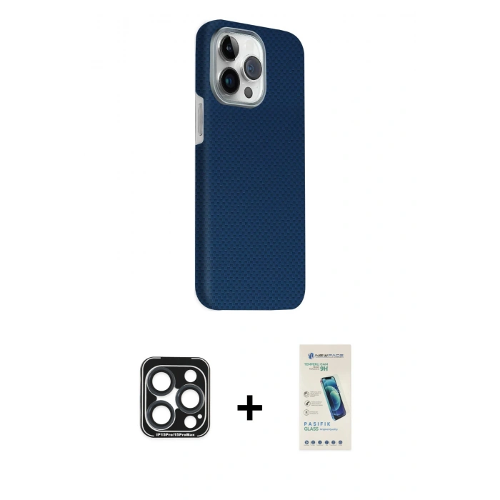 MARSİLYAN™- iPhone 15 Pro Max Kılıf Kozmos Klasik Prime - Şeffaf Pasifik Cam Ekran Koruyucu + PVD Metal Kamera Lens - LT