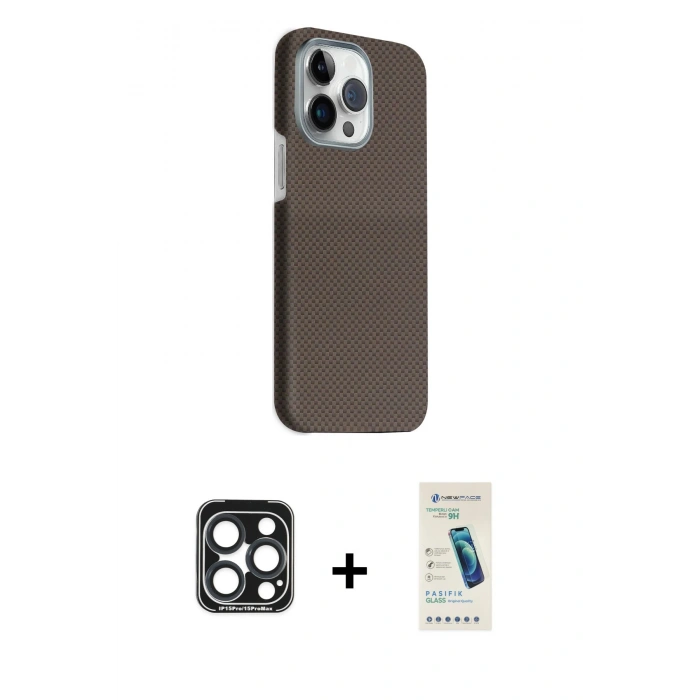 MARSİLYAN™- iPhone 15 Pro Max Kılıf Kozmos Klasik Prime - Şeffaf Pasifik Cam Ekran Koruyucu + PVD Metal Kamera Lens - LT