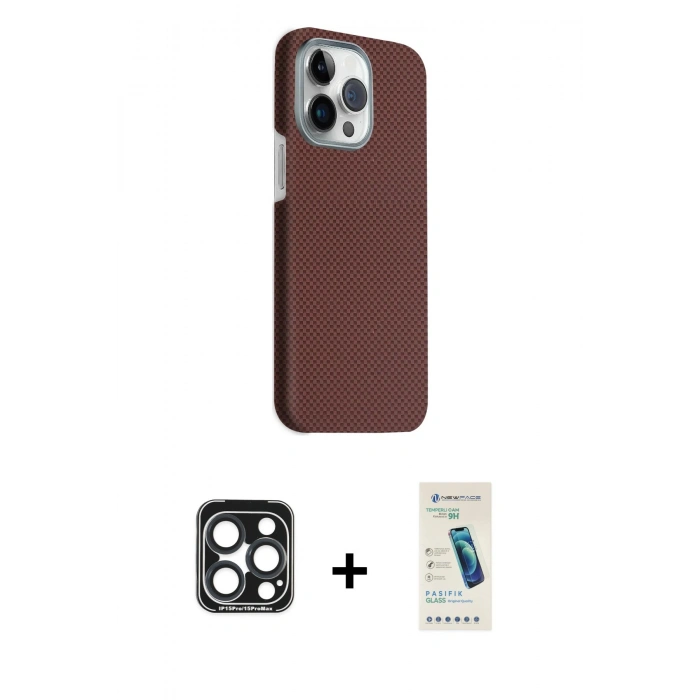 MARSİLYAN™- iPhone 15 Pro Max Kılıf Kozmos Klasik Prime - Şeffaf Pasifik Cam Ekran Koruyucu + PVD Metal Kamera Lens - LT