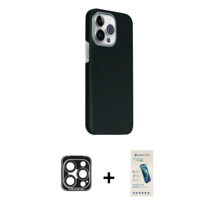 MARSİLYAN™- iPhone 15 Pro Max Kılıf Kozmos Klasik Prime - Şeffaf Pasifik Cam Ekran Koruyucu + PVD Metal Kamera Lens - LT