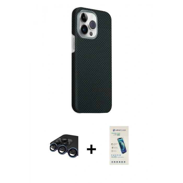 MARSİLYAN™- iPhone 15 Pro Max Kılıf Kozmos Klasik Prime - Şeffaf Pasifik Cam Ekran Koruyucu + Raze Metal Kamera Lens - LT
