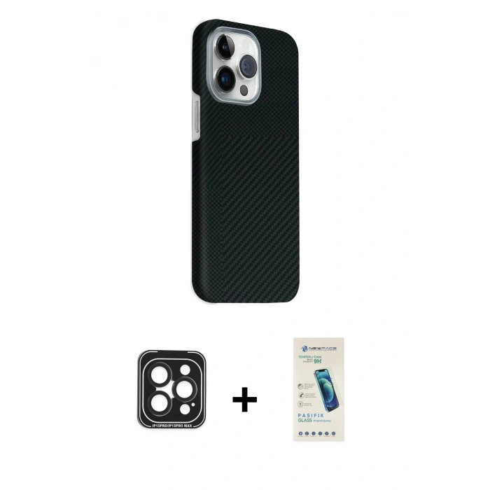 MARSİLYAN™- iPhone 15 Pro Max Kılıf Kozmos Klasik Prime - Şeffaf Pasifik Cam Ekran Koruyucu + PVD Metal Kamera Lens - SH