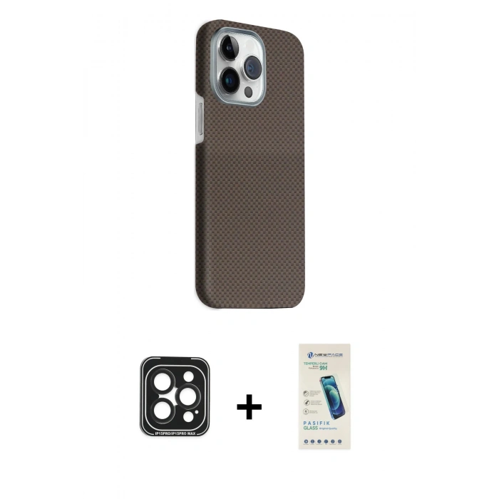 MARSİLYAN™- iPhone 15 Pro Max Kılıf Kozmos Klasik Prime - Şeffaf Pasifik Cam Ekran Koruyucu + PVD Metal Kamera Lens - SH