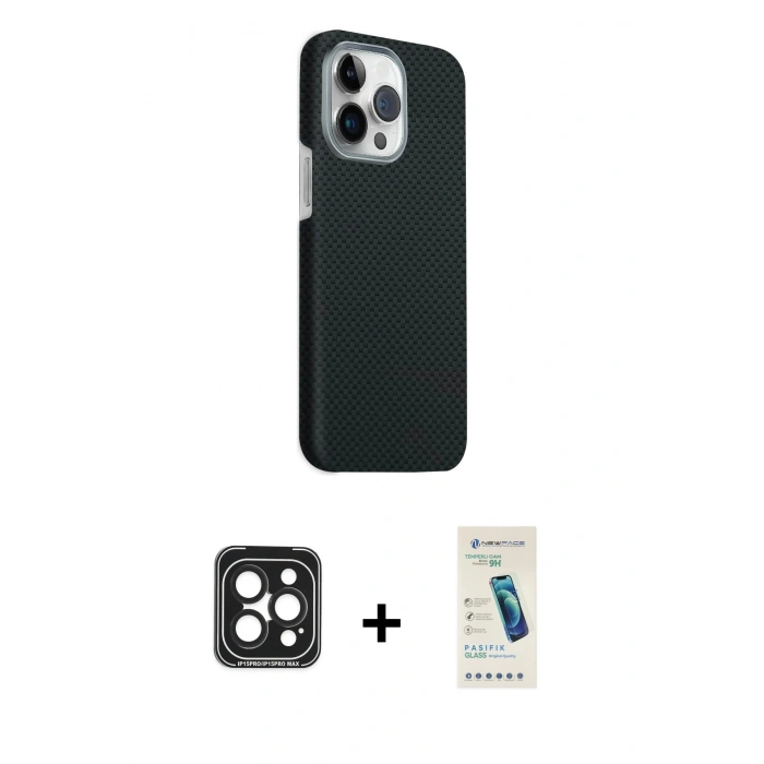 MARSİLYAN™- iPhone 15 Pro Max Kılıf Kozmos Klasik Prime - Şeffaf Pasifik Cam Ekran Koruyucu + PVD Metal Kamera Lens - SH