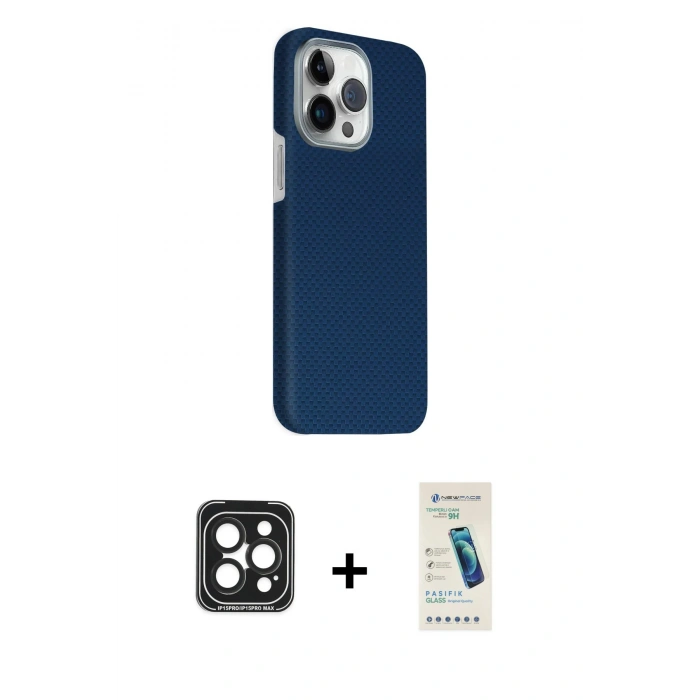 MARSİLYAN™- iPhone 15 Pro Max Kılıf Kozmos Klasik Prime - Şeffaf Pasifik Cam Ekran Koruyucu + PVD Metal Kamera Lens - SH