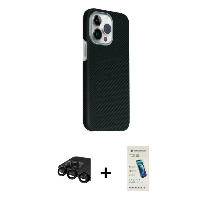 MARSİLYAN™- iPhone 15 Pro Max Kılıf Kozmos Klasik Prime - Şeffaf Pasifik Cam Ekran Koruyucu + Raze Metal Kamera Lens - SH