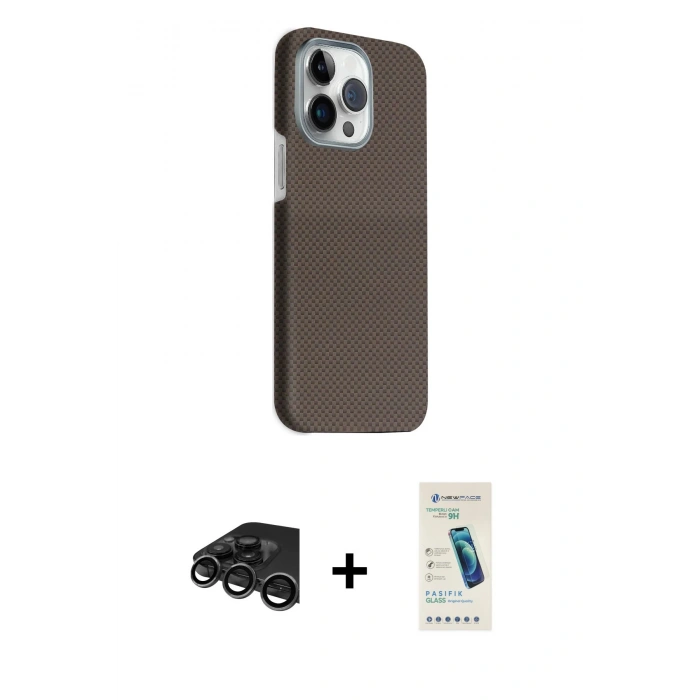 MARSİLYAN™- iPhone 15 Pro Max Kılıf Kozmos Klasik Prime - Şeffaf Pasifik Cam Ekran Koruyucu + Raze Metal Kamera Lens - TMGI