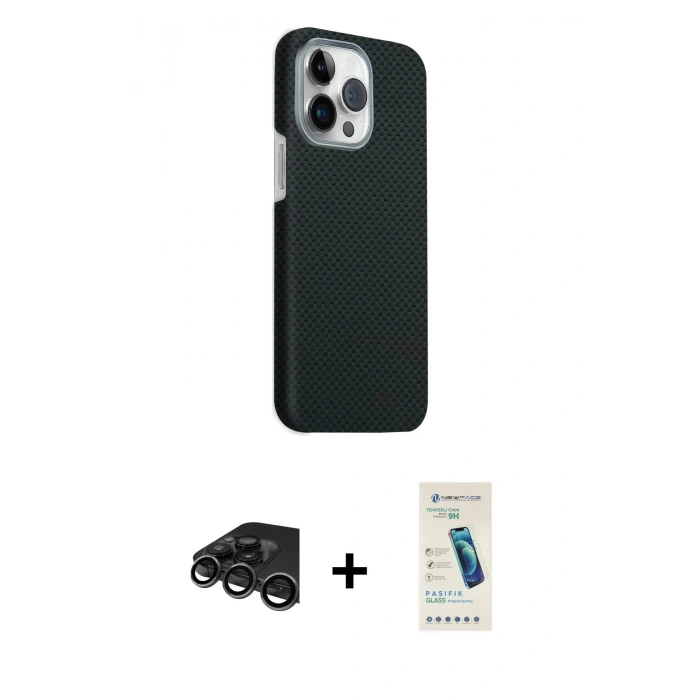 MARSİLYAN™- iPhone 15 Pro Max Kılıf Kozmos Klasik Prime - Şeffaf Pasifik Cam Ekran Koruyucu + Raze Metal Kamera Lens - TMGI