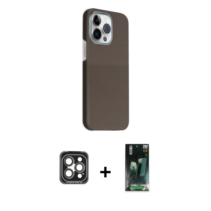 MARSİLYAN™- iPhone 15 Pro Max Kılıf Kozmos Klasik Prime - Siyah 360 Mat Full Body Arka Koruyucu + PVD Metal Kamera Lens - GI