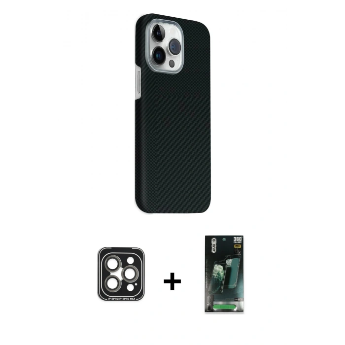 MARSİLYAN™- iPhone 15 Pro Max Kılıf Kozmos Klasik Prime - Siyah 360 Mat Full Body Arka Koruyucu + PVD Metal Kamera Lens - GI
