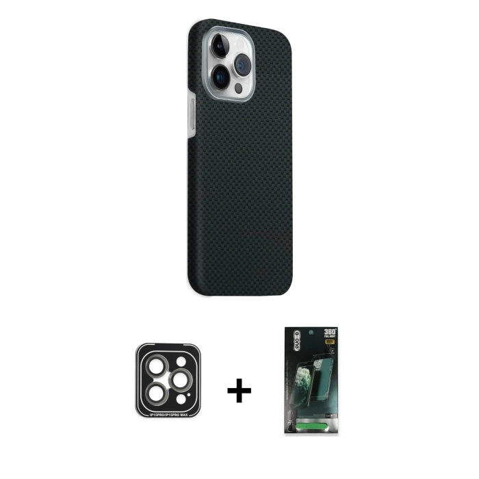 MARSİLYAN™- iPhone 15 Pro Max Kılıf Kozmos Klasik Prime - Siyah 360 Mat Full Body Arka Koruyucu + PVD Metal Kamera Lens - GI