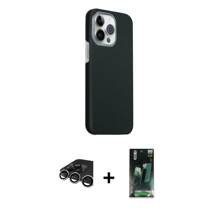 MARSİLYAN™- iPhone 15 Pro Max Kılıf Kozmos Klasik Prime - Siyah 360 Mat Full Body Arka Koruyucu + Gümüş Raze Metal Kamera Lens