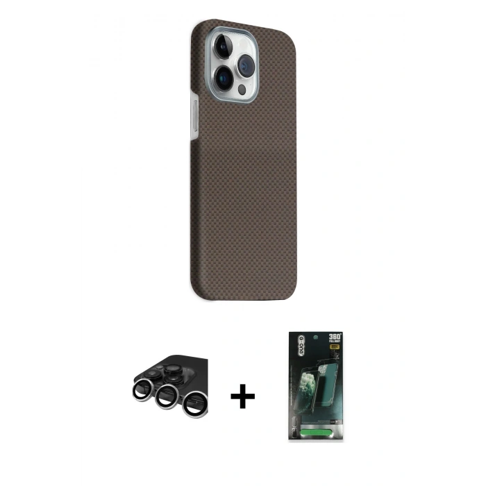 MARSİLYAN™- iPhone 15 Pro Max Kılıf Kozmos Klasik Prime - Siyah 360 Mat Full Body Arka Koruyucu + Gümüş Raze Metal Kamera Lens
