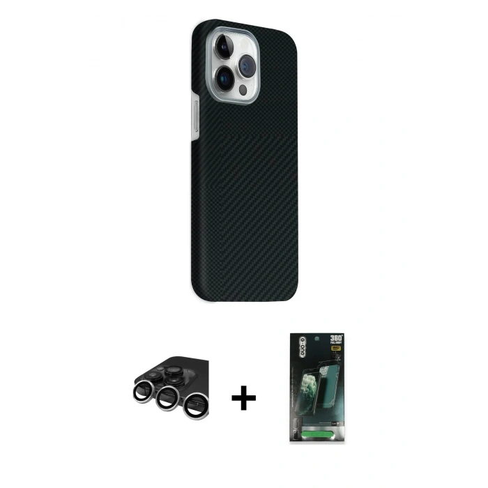 MARSİLYAN™- iPhone 15 Pro Max Kılıf Kozmos Klasik Prime - Siyah 360 Mat Full Body Arka Koruyucu + Gümüş Raze Metal Kamera Lens