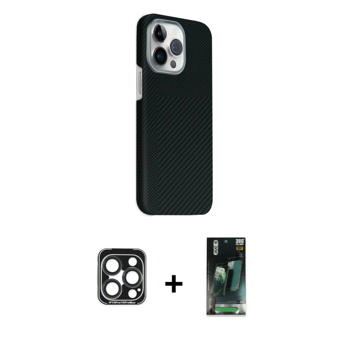 MARSİLYAN™- iPhone 15 Pro Max Kılıf Kozmos Klasik Prime - Siyah 360 Mat Full Body Arka Koruyucu + PVD Metal Kamera Lens - LT