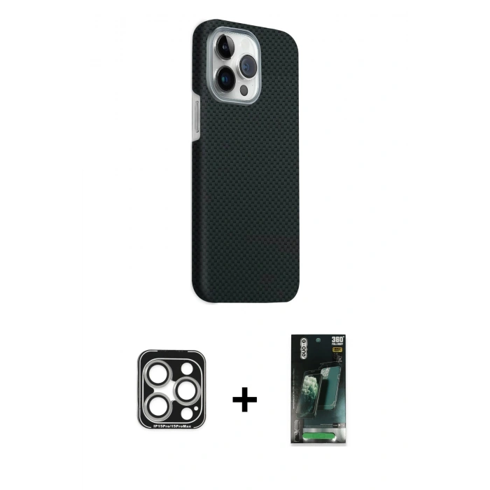 MARSİLYAN™- iPhone 15 Pro Max Kılıf Kozmos Klasik Prime - Siyah 360 Mat Full Body Arka Koruyucu + PVD Metal Kamera Lens - GS